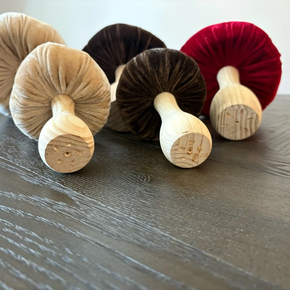 Flora Bunda Retro Velvet Wooden Mushroom Decor Set Of 5 - Picture 4 of 6